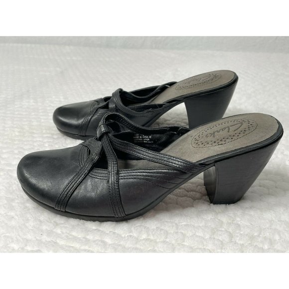 Clarks Black Leather Heels Backless Cutout Strap Size 7.5 - Picture 6 of 7